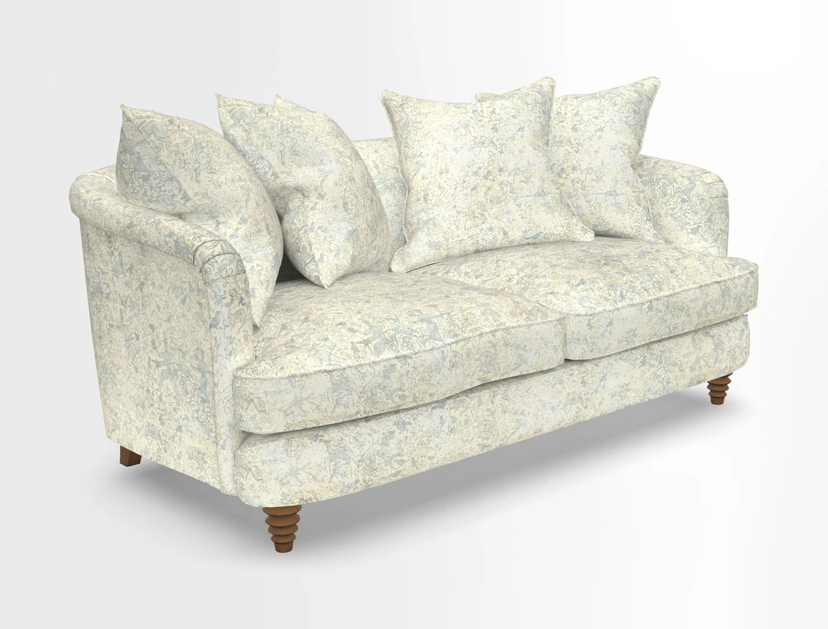 Helmsley Sofa in Mohair Velvet Fir Green with Seat and Back Cushions in RHS Collection Trailing Vine Olive and Small Trailing Ivy Olive