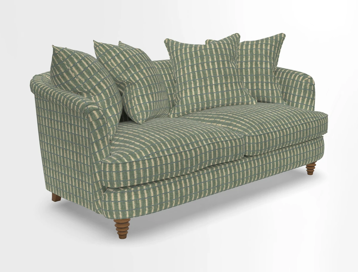 Helmsley Sofa in Mohair Velvet Fir Green with Seat and Back Cushions in RHS Collection Trailing Vine Olive and Small Trailing Ivy Olive