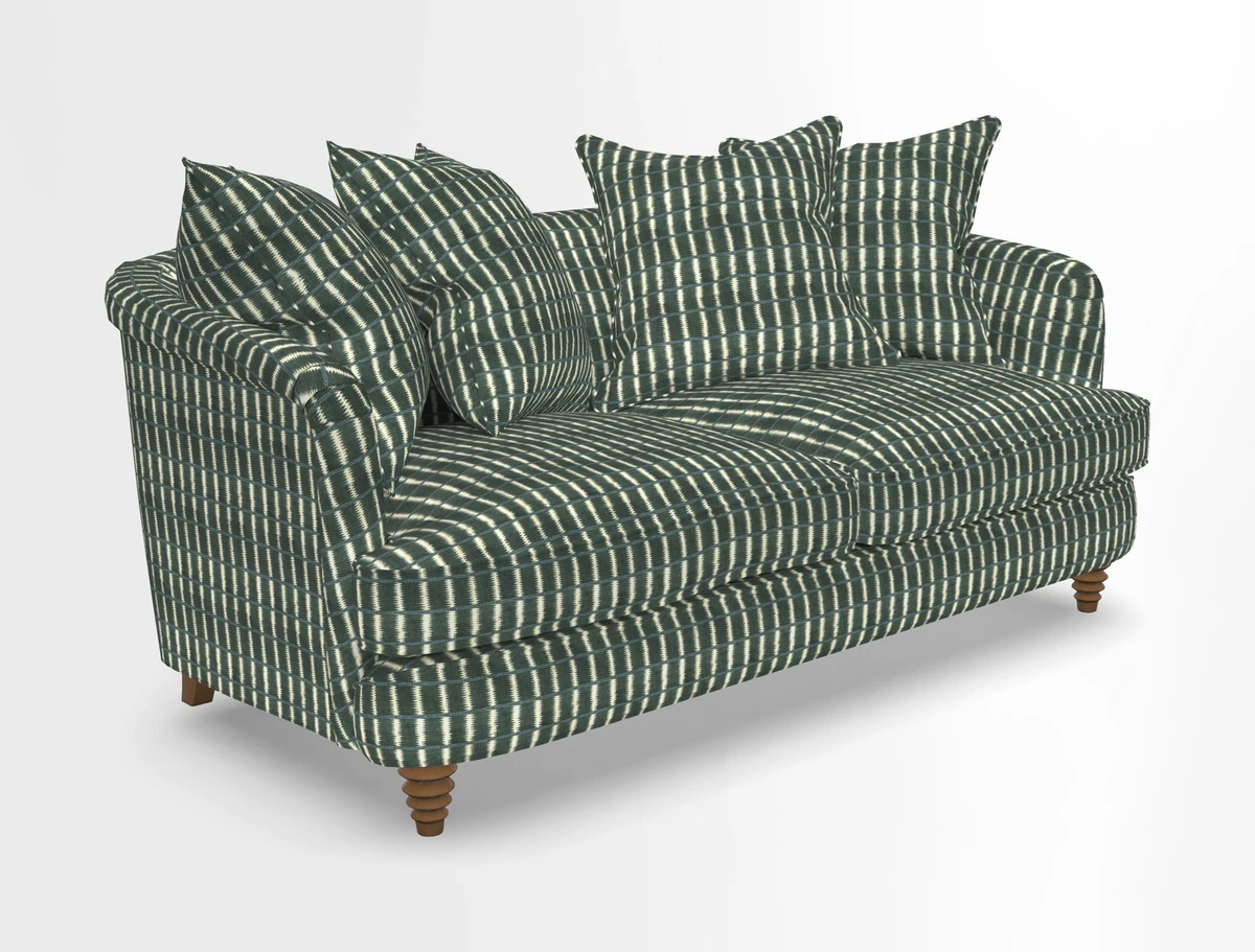 Helmsley Sofa in Mohair Velvet Fir Green with Seat and Back Cushions in RHS Collection Trailing Vine Olive and Small Trailing Ivy Olive