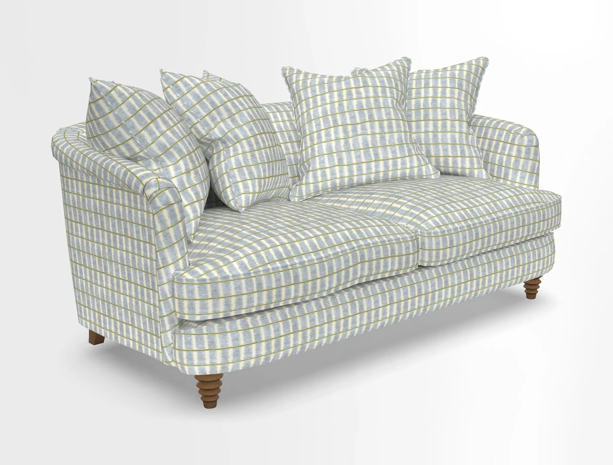 Helmsley Sofa in Mohair Velvet Fir Green with Seat and Back Cushions in RHS Collection Trailing Vine Olive and Small Trailing Ivy Olive