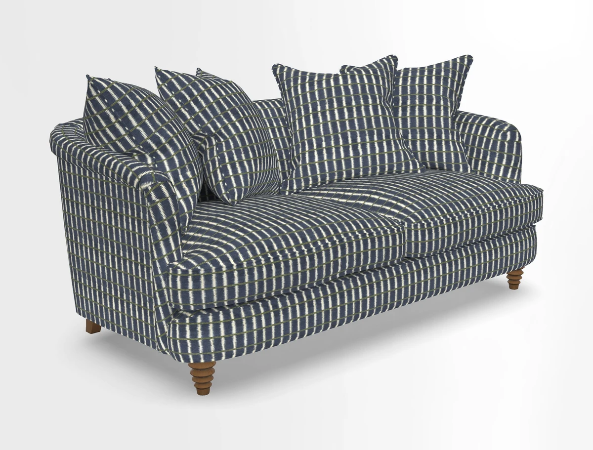 Helmsley Sofa in Mohair Velvet Fir Green with Seat and Back Cushions in RHS Collection Trailing Vine Olive and Small Trailing Ivy Olive