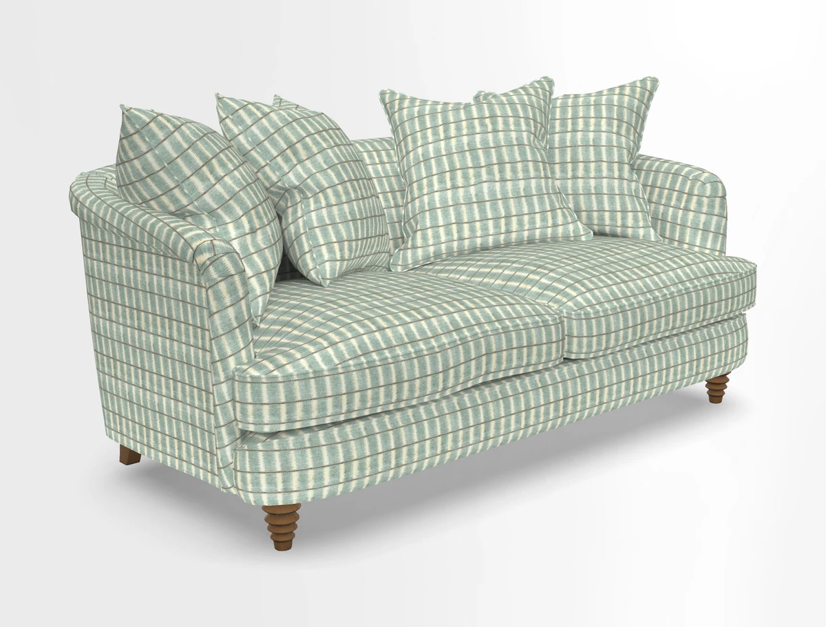 Helmsley Sofa in Mohair Velvet Fir Green with Seat and Back Cushions in RHS Collection Trailing Vine Olive and Small Trailing Ivy Olive