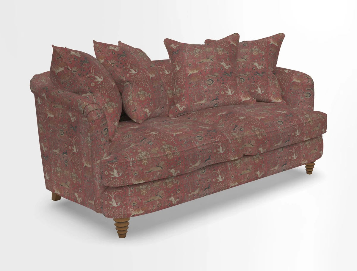 Helmsley Sofa in Mohair Velvet Fir Green with Seat and Back Cushions in RHS Collection Trailing Vine Olive and Small Trailing Ivy Olive
