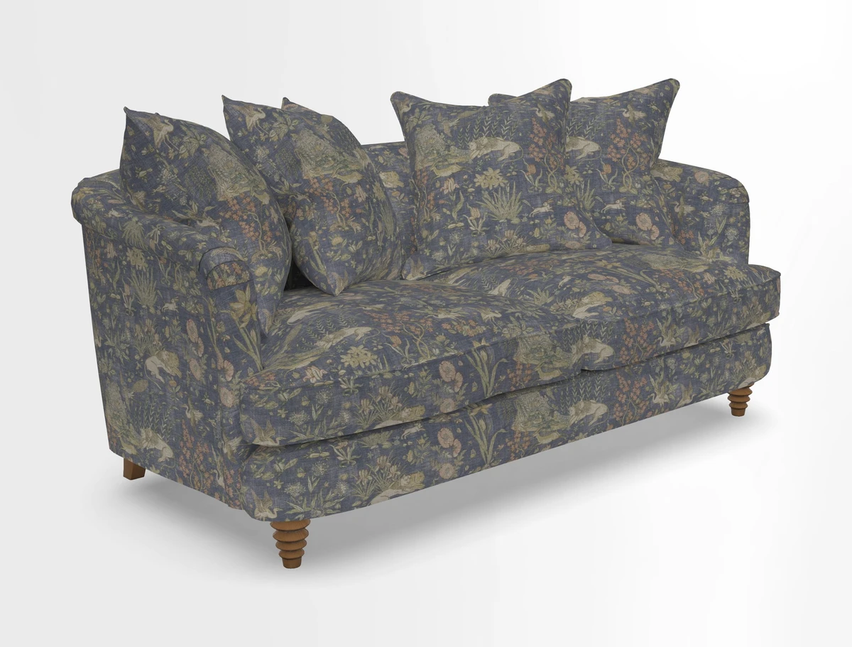 Helmsley Sofa in Mohair Velvet Fir Green with Seat and Back Cushions in RHS Collection Trailing Vine Olive and Small Trailing Ivy Olive