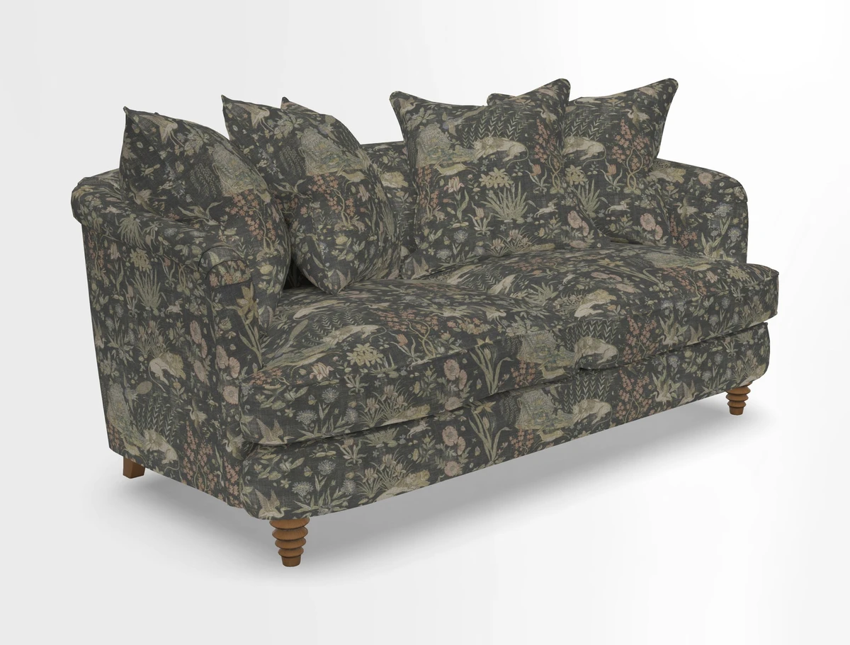 Helmsley Sofa in Mohair Velvet Fir Green with Seat and Back Cushions in RHS Collection Trailing Vine Olive and Small Trailing Ivy Olive