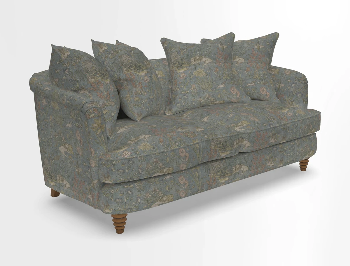 Helmsley Sofa in Mohair Velvet Fir Green with Seat and Back Cushions in RHS Collection Trailing Vine Olive and Small Trailing Ivy Olive