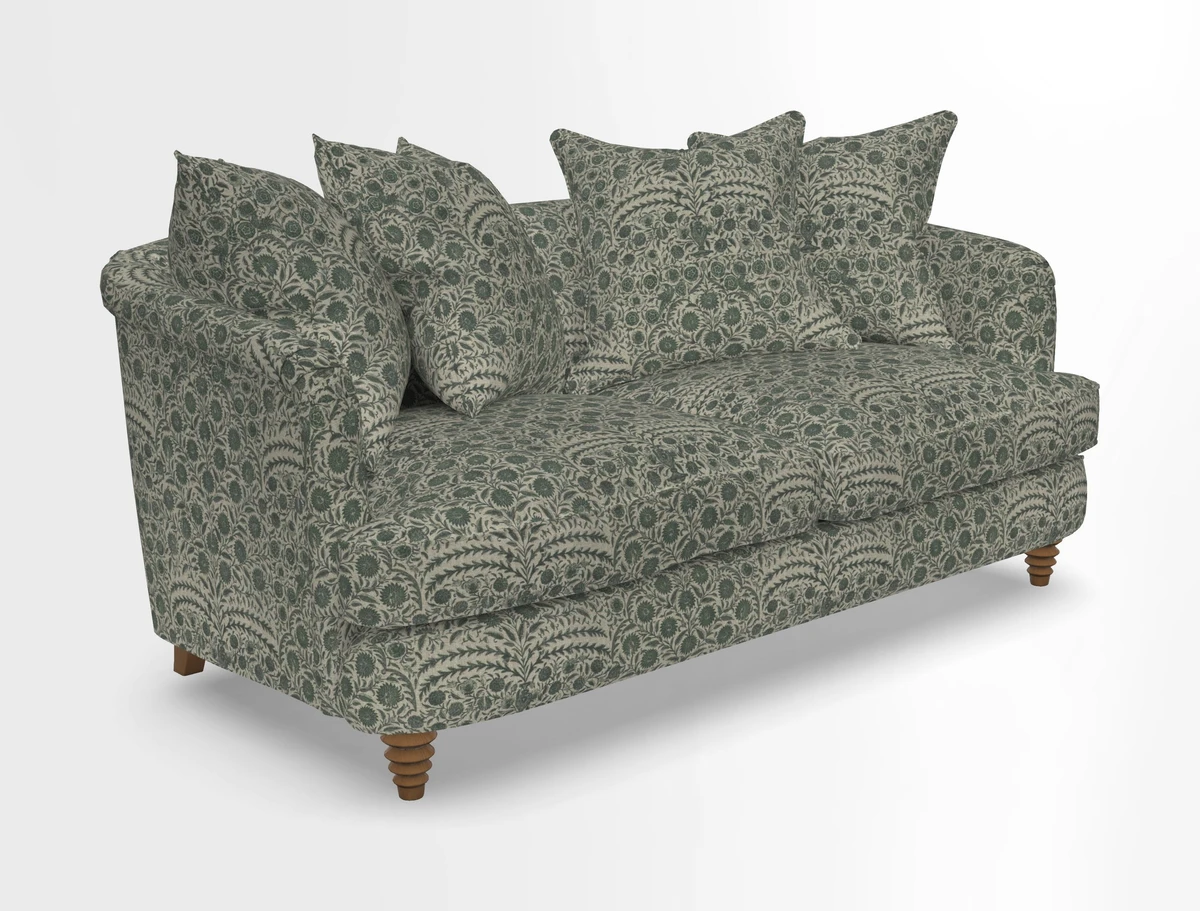 Helmsley Sofa in Mohair Velvet Fir Green with Seat and Back Cushions in RHS Collection Trailing Vine Olive and Small Trailing Ivy Olive