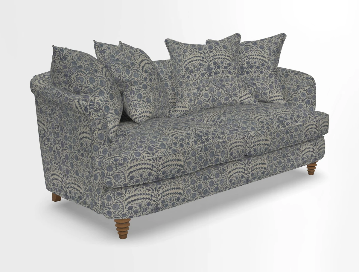 Helmsley Sofa in Mohair Velvet Fir Green with Seat and Back Cushions in RHS Collection Trailing Vine Olive and Small Trailing Ivy Olive