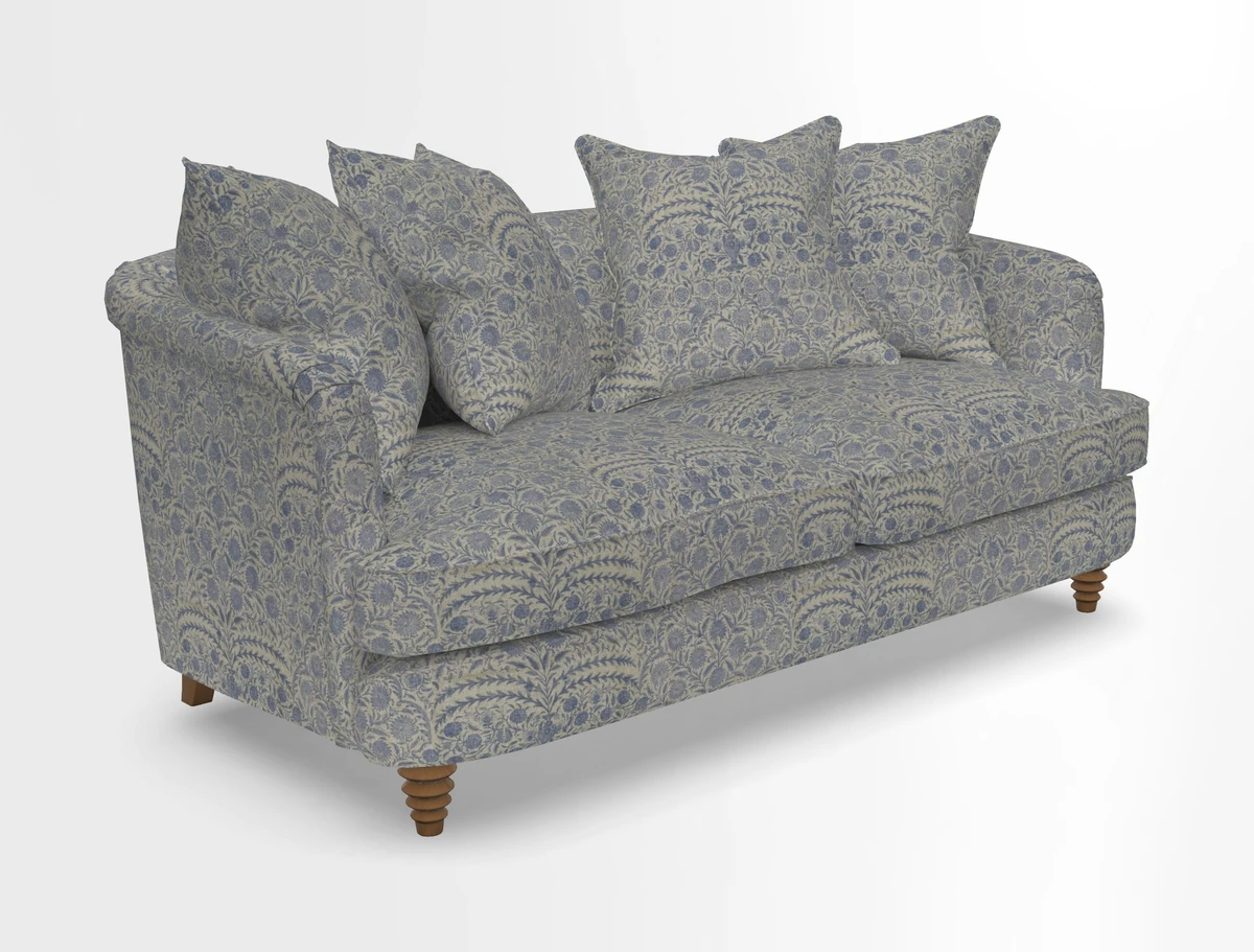 Helmsley Sofa in Mohair Velvet Fir Green with Seat and Back Cushions in RHS Collection Trailing Vine Olive and Small Trailing Ivy Olive