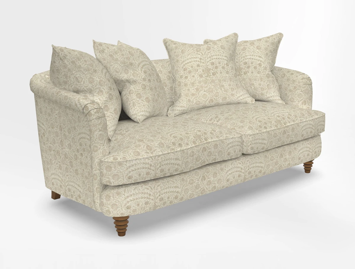 Helmsley Sofa in Mohair Velvet Fir Green with Seat and Back Cushions in RHS Collection Trailing Vine Olive and Small Trailing Ivy Olive