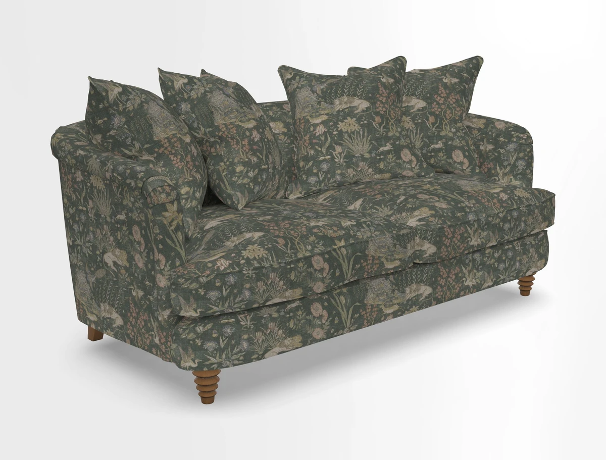 Helmsley Sofa in Mohair Velvet Fir Green with Seat and Back Cushions in RHS Collection Trailing Vine Olive and Small Trailing Ivy Olive