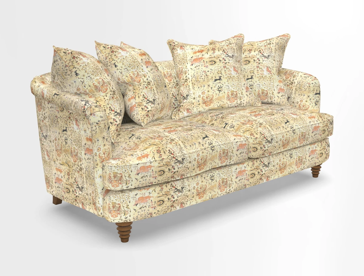 Helmsley Sofa in Mohair Velvet Fir Green with Seat and Back Cushions in RHS Collection Trailing Vine Olive and Small Trailing Ivy Olive