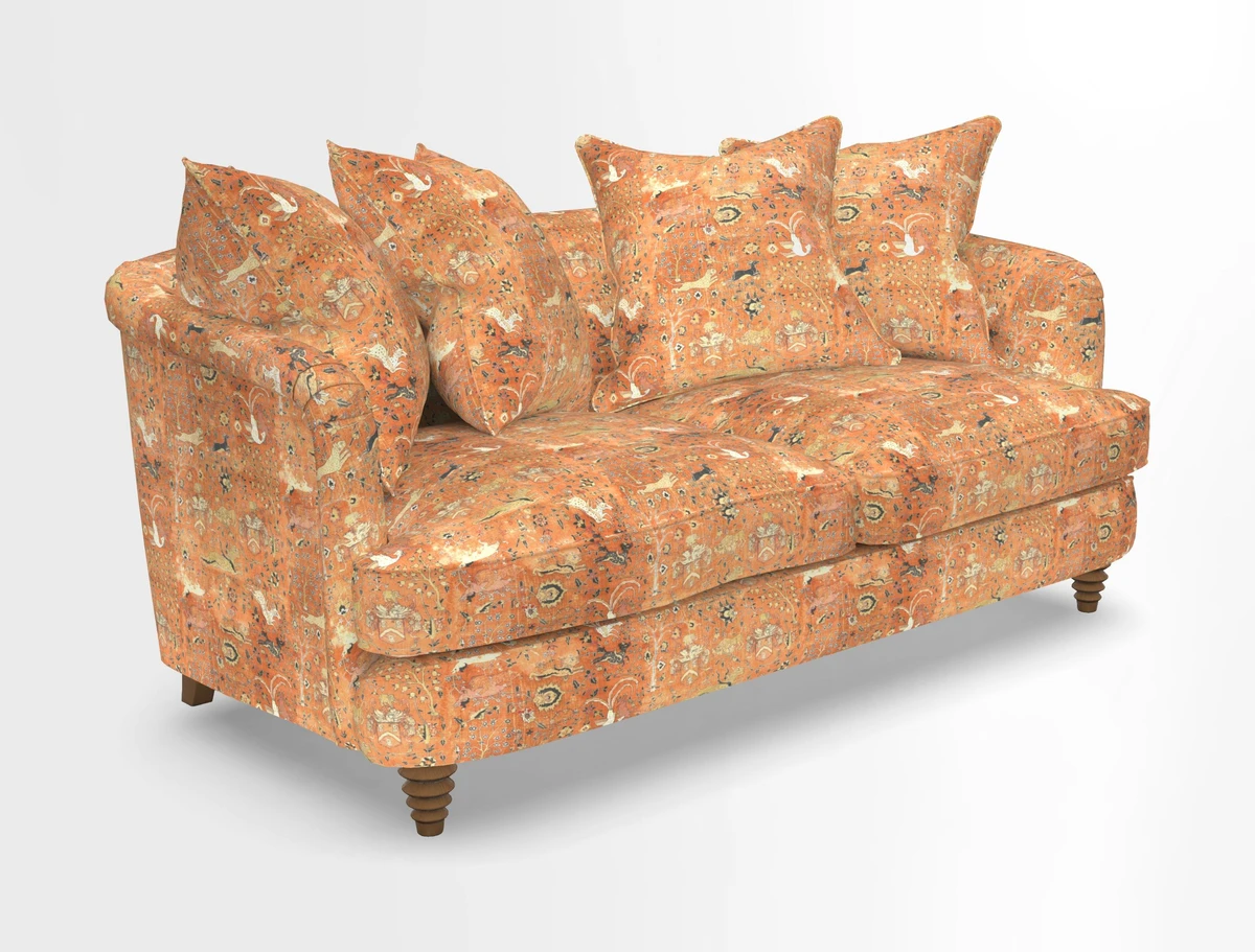 Helmsley Sofa in Mohair Velvet Fir Green with Seat and Back Cushions in RHS Collection Trailing Vine Olive and Small Trailing Ivy Olive