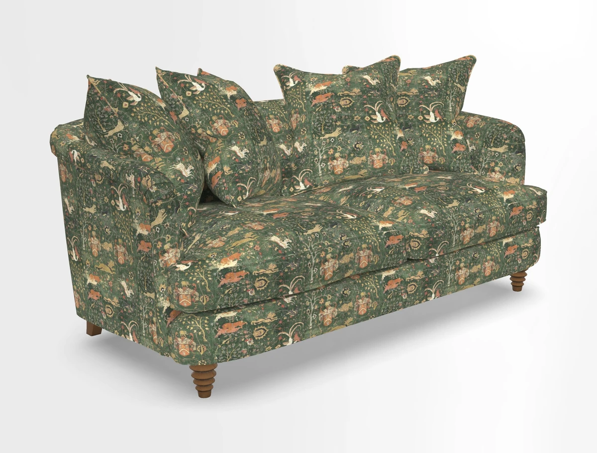 Helmsley Sofa in Mohair Velvet Fir Green with Seat and Back Cushions in RHS Collection Trailing Vine Olive and Small Trailing Ivy Olive