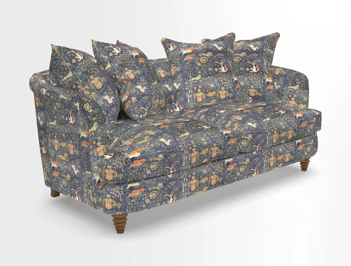 Helmsley Sofa in Mohair Velvet Fir Green with Seat and Back Cushions in RHS Collection Trailing Vine Olive and Small Trailing Ivy Olive