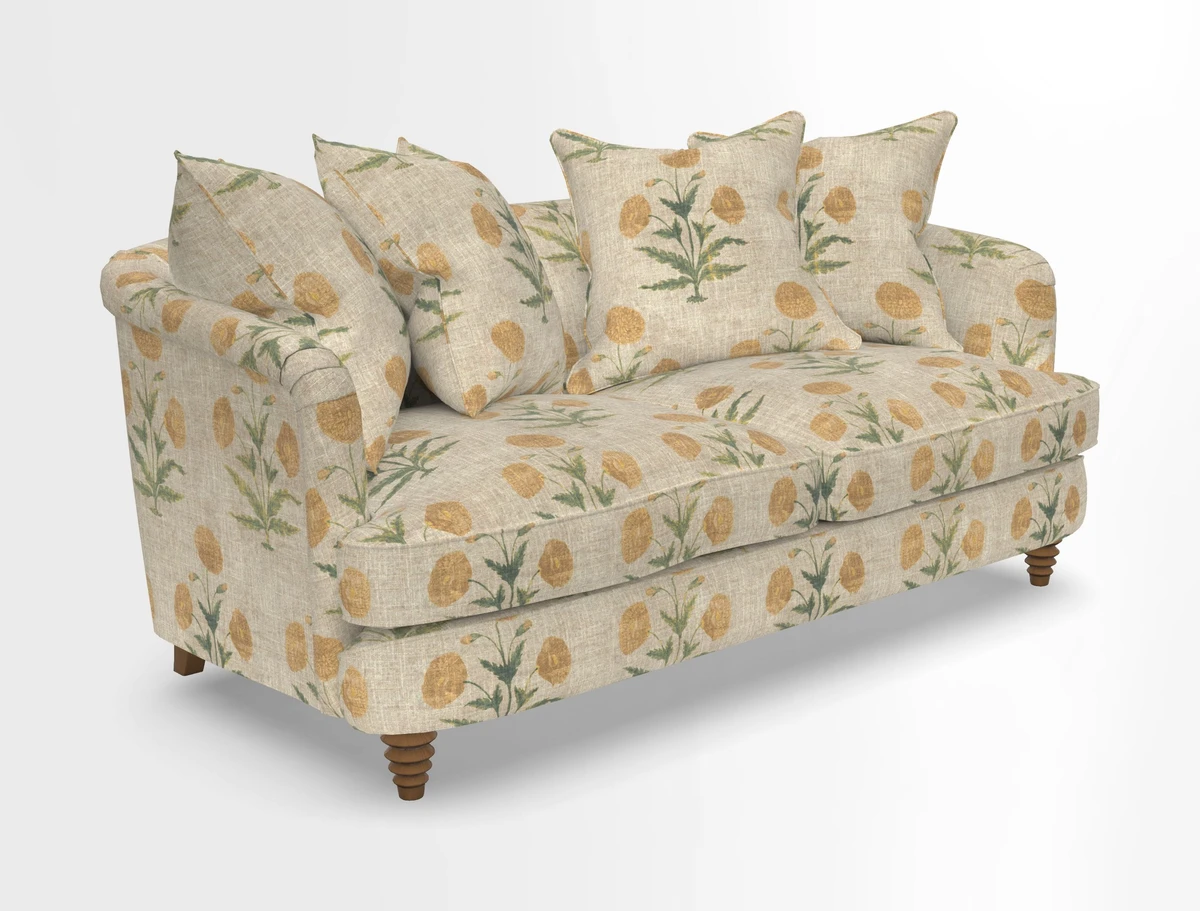 Helmsley Sofa in Mohair Velvet Fir Green with Seat and Back Cushions in RHS Collection Trailing Vine Olive and Small Trailing Ivy Olive