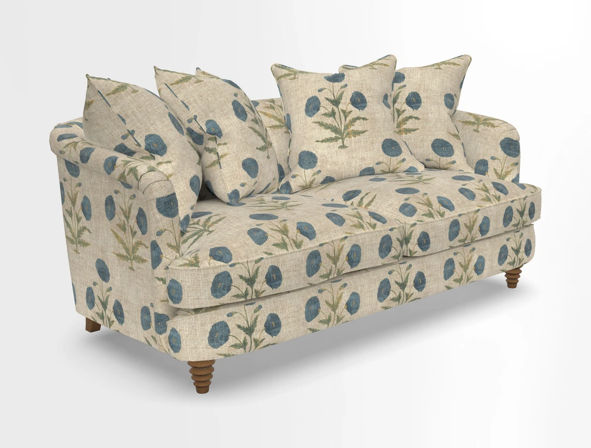 Helmsley Sofa in Mohair Velvet Fir Green with Seat and Back Cushions in RHS Collection Trailing Vine Olive and Small Trailing Ivy Olive