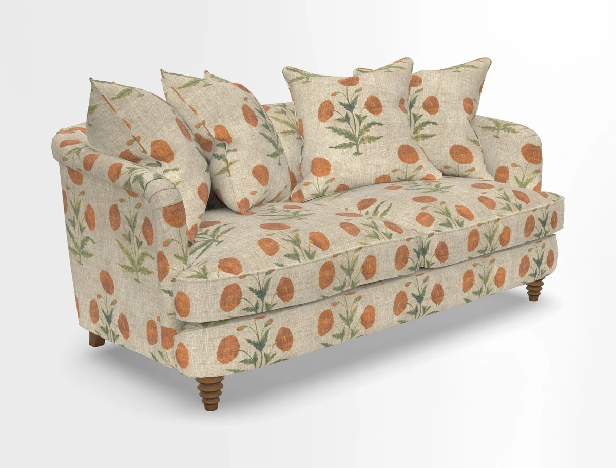Helmsley Sofa in Mohair Velvet Fir Green with Seat and Back Cushions in RHS Collection Trailing Vine Olive and Small Trailing Ivy Olive