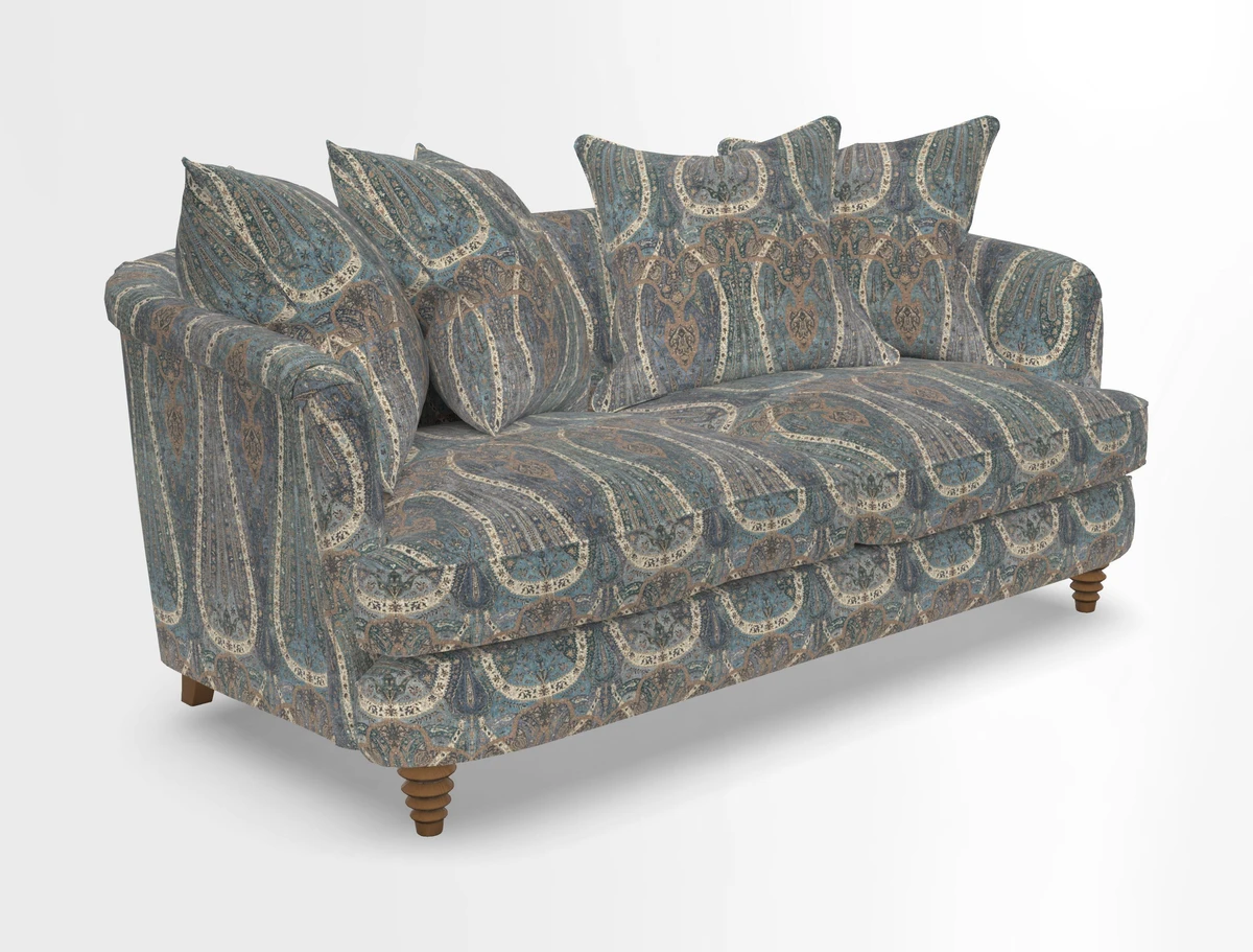 Helmsley Sofa in Mohair Velvet Fir Green with Seat and Back Cushions in RHS Collection Trailing Vine Olive and Small Trailing Ivy Olive
