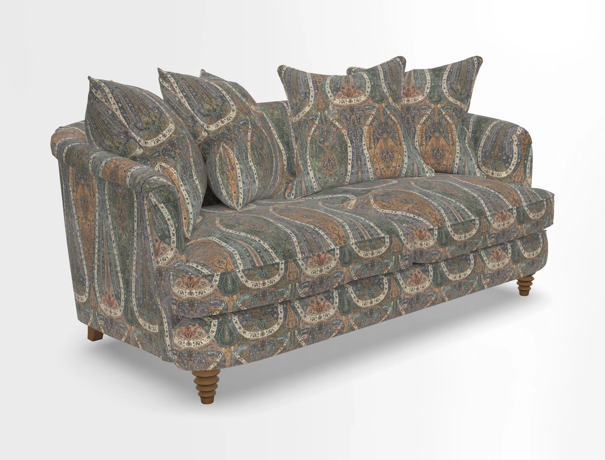 Helmsley Sofa in Mohair Velvet Fir Green with Seat and Back Cushions in RHS Collection Trailing Vine Olive and Small Trailing Ivy Olive