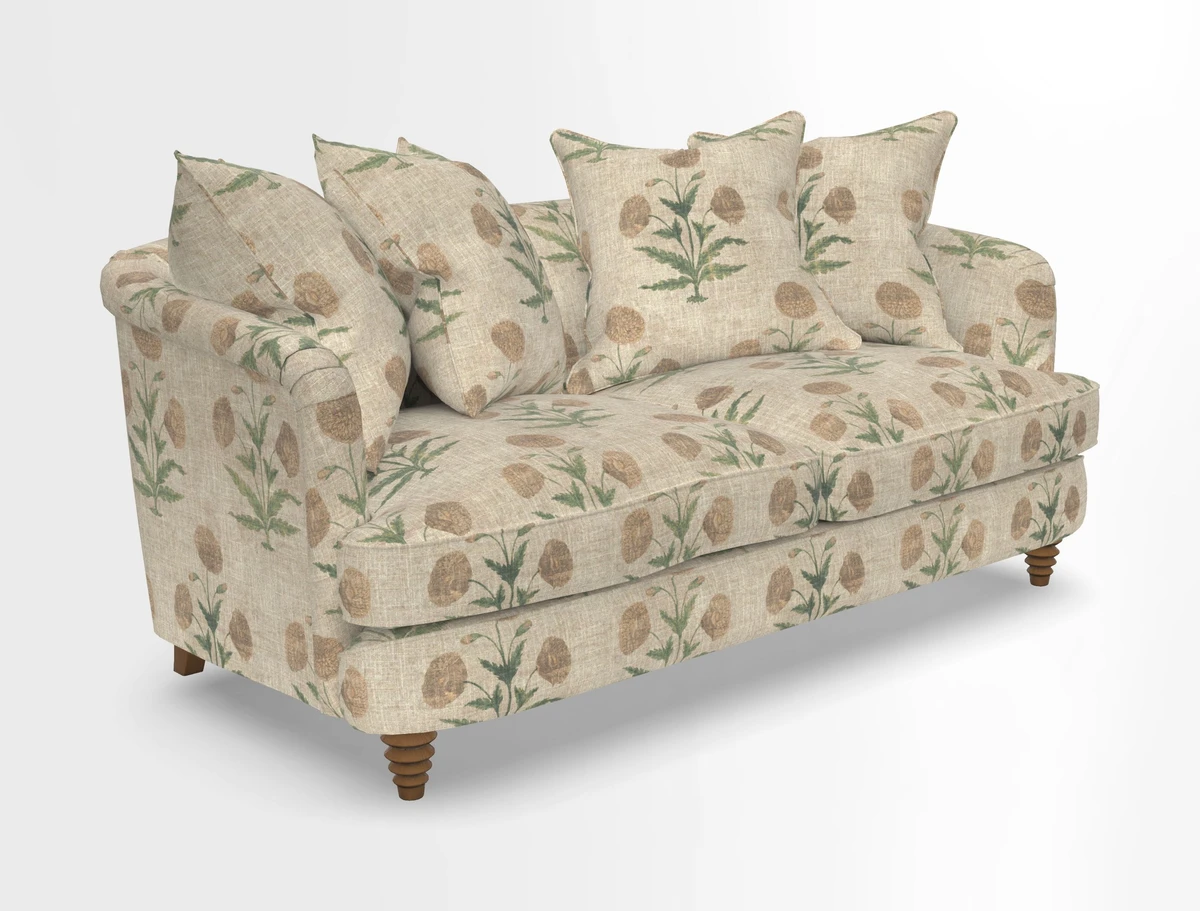 Helmsley Sofa in Mohair Velvet Fir Green with Seat and Back Cushions in RHS Collection Trailing Vine Olive and Small Trailing Ivy Olive