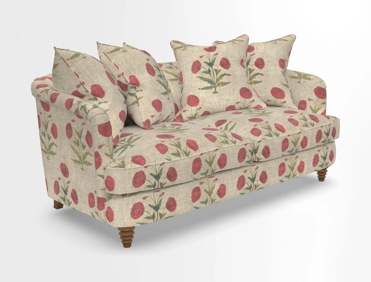 Helmsley Sofa in Mohair Velvet Fir Green with Seat and Back Cushions in RHS Collection Trailing Vine Olive and Small Trailing Ivy Olive