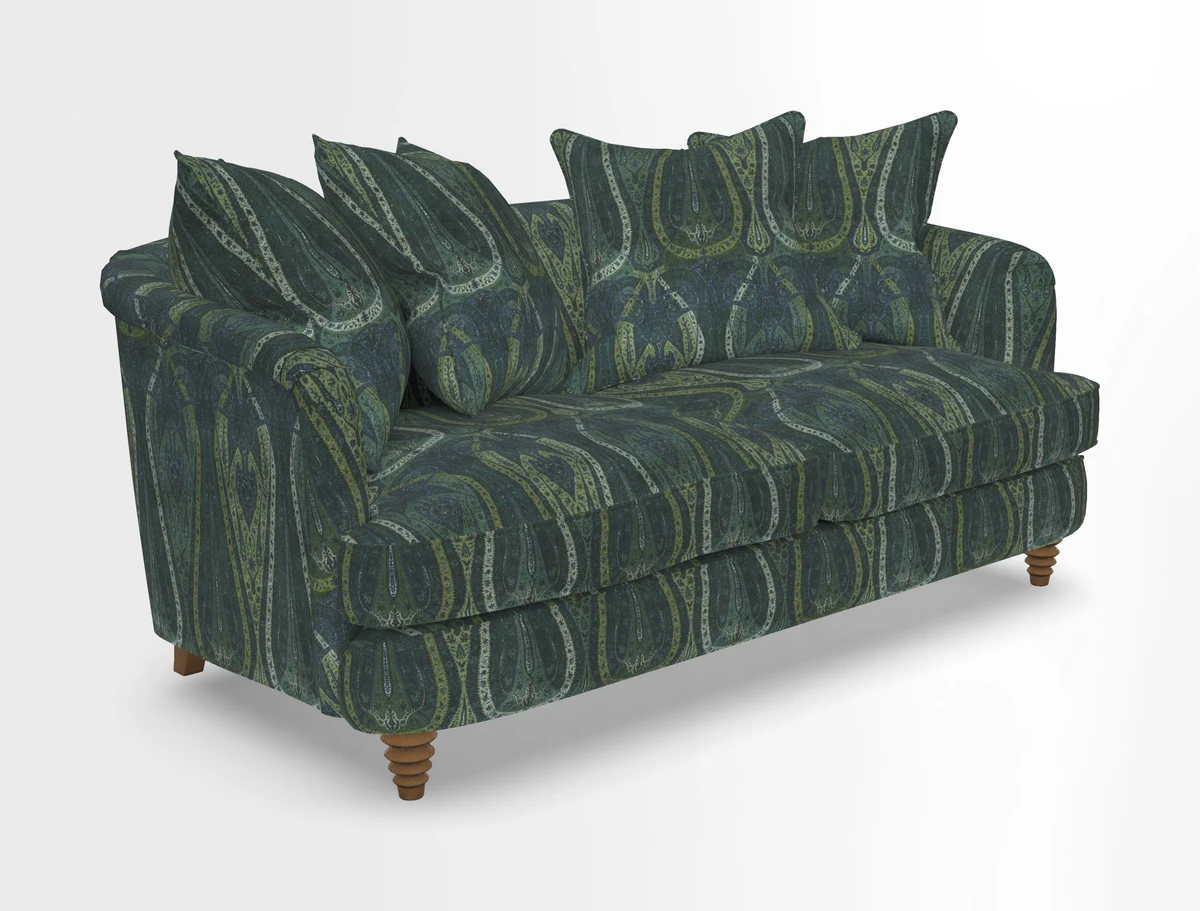 Helmsley Sofa in Mohair Velvet Fir Green with Seat and Back Cushions in RHS Collection Trailing Vine Olive and Small Trailing Ivy Olive