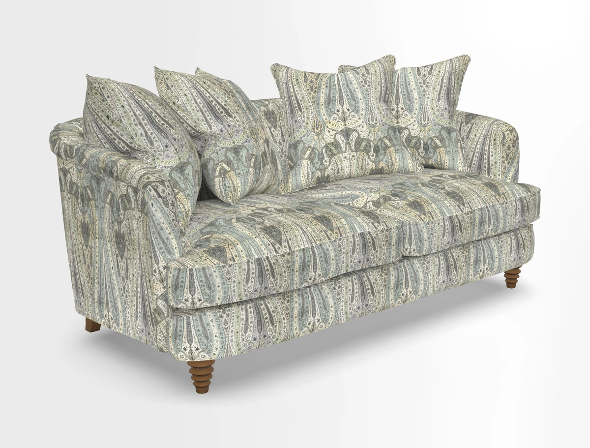 Helmsley Sofa in Mohair Velvet Fir Green with Seat and Back Cushions in RHS Collection Trailing Vine Olive and Small Trailing Ivy Olive