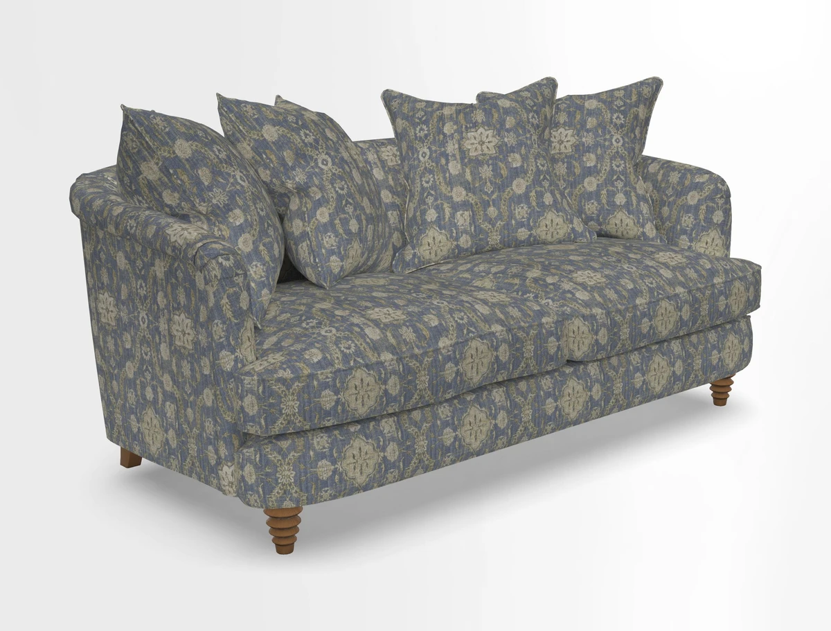 Helmsley Sofa in Mohair Velvet Fir Green with Seat and Back Cushions in RHS Collection Trailing Vine Olive and Small Trailing Ivy Olive