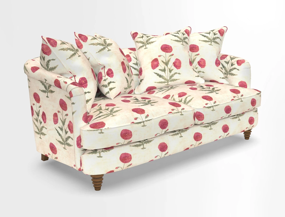 Helmsley Sofa in Mohair Velvet Fir Green with Seat and Back Cushions in RHS Collection Trailing Vine Olive and Small Trailing Ivy Olive