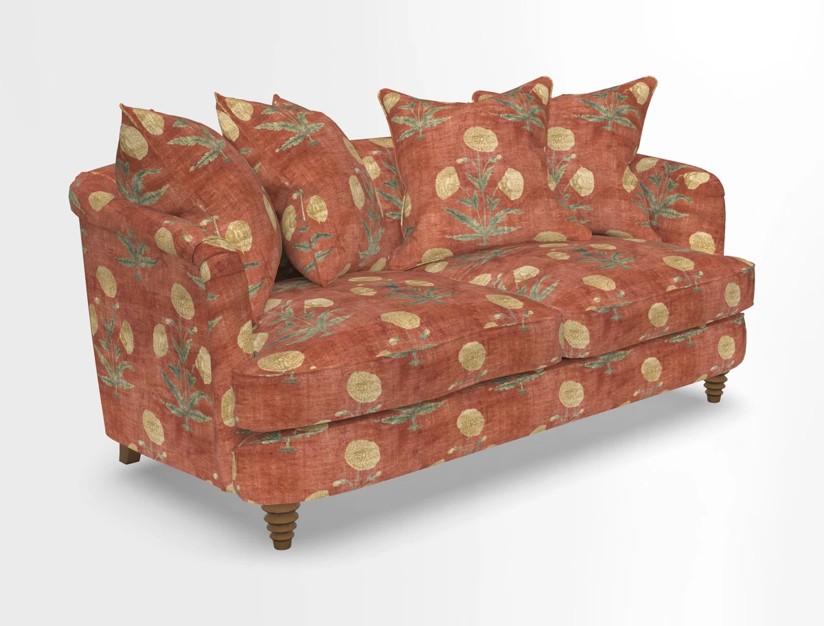Helmsley Sofa in Mohair Velvet Fir Green with Seat and Back Cushions in RHS Collection Trailing Vine Olive and Small Trailing Ivy Olive