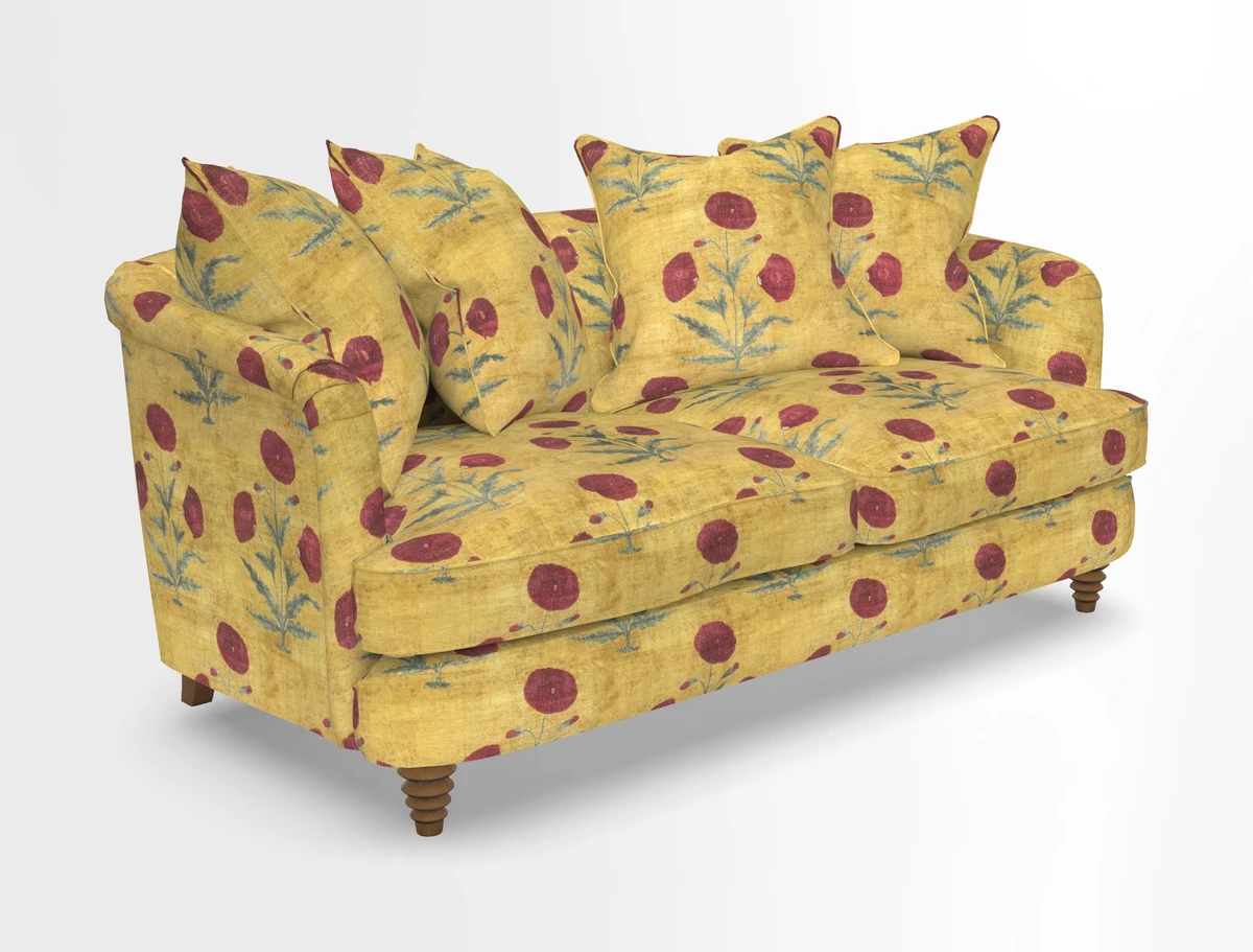 Helmsley Sofa in Mohair Velvet Fir Green with Seat and Back Cushions in RHS Collection Trailing Vine Olive and Small Trailing Ivy Olive
