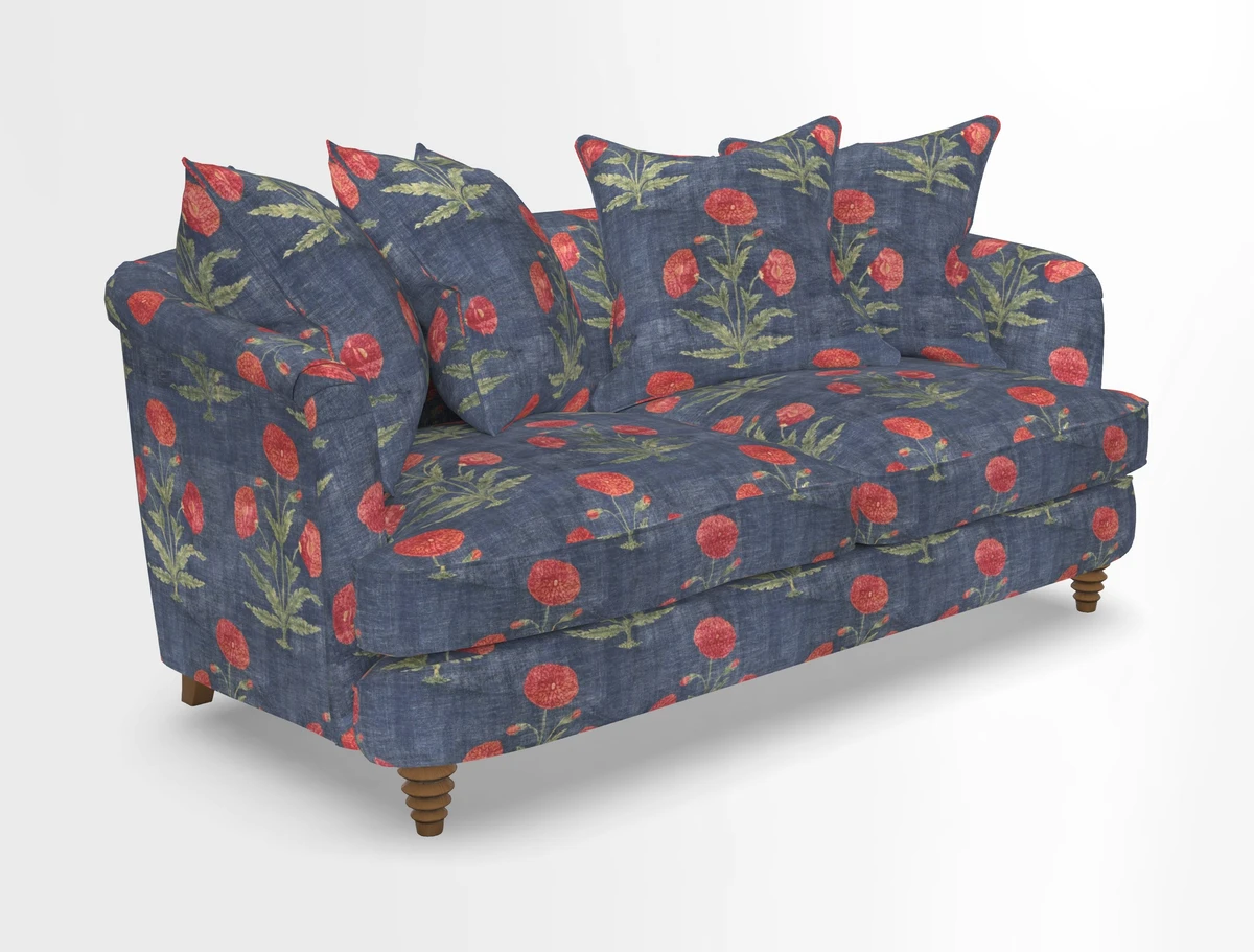 Helmsley Sofa in Mohair Velvet Fir Green with Seat and Back Cushions in RHS Collection Trailing Vine Olive and Small Trailing Ivy Olive