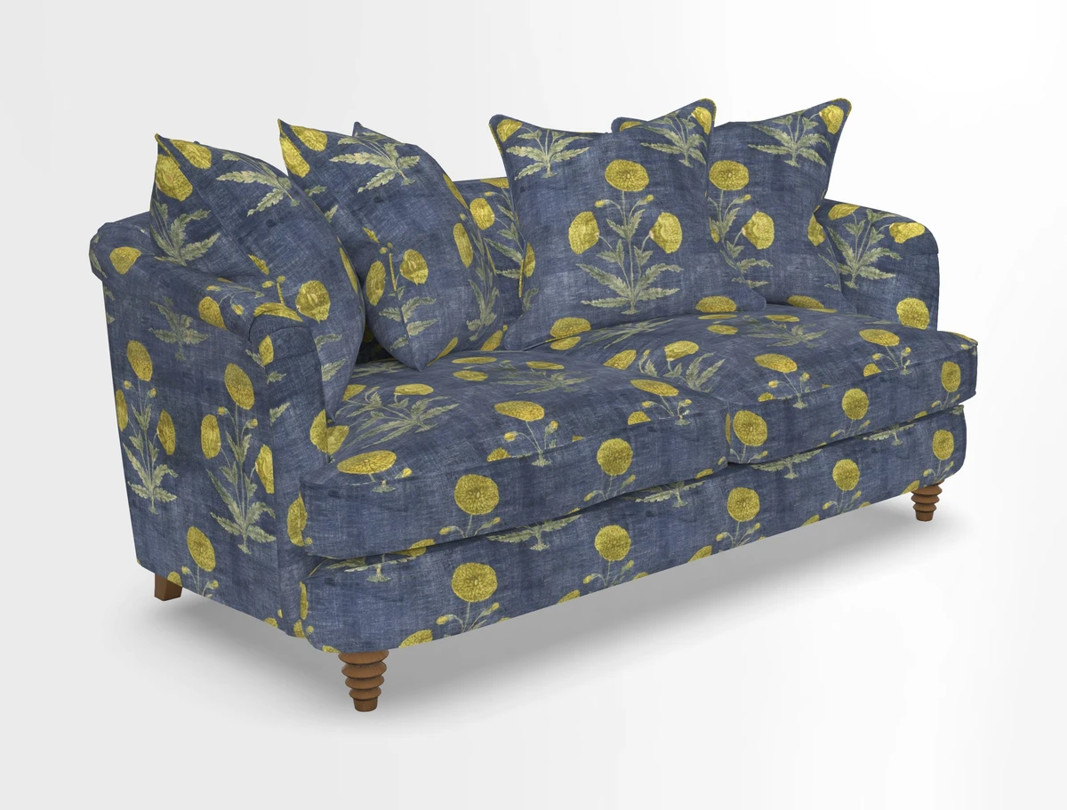 Helmsley Sofa in Mohair Velvet Fir Green with Seat and Back Cushions in RHS Collection Trailing Vine Olive and Small Trailing Ivy Olive