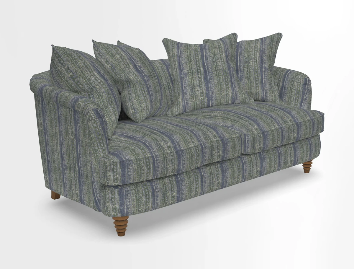 Helmsley Sofa in Mohair Velvet Fir Green with Seat and Back Cushions in RHS Collection Trailing Vine Olive and Small Trailing Ivy Olive