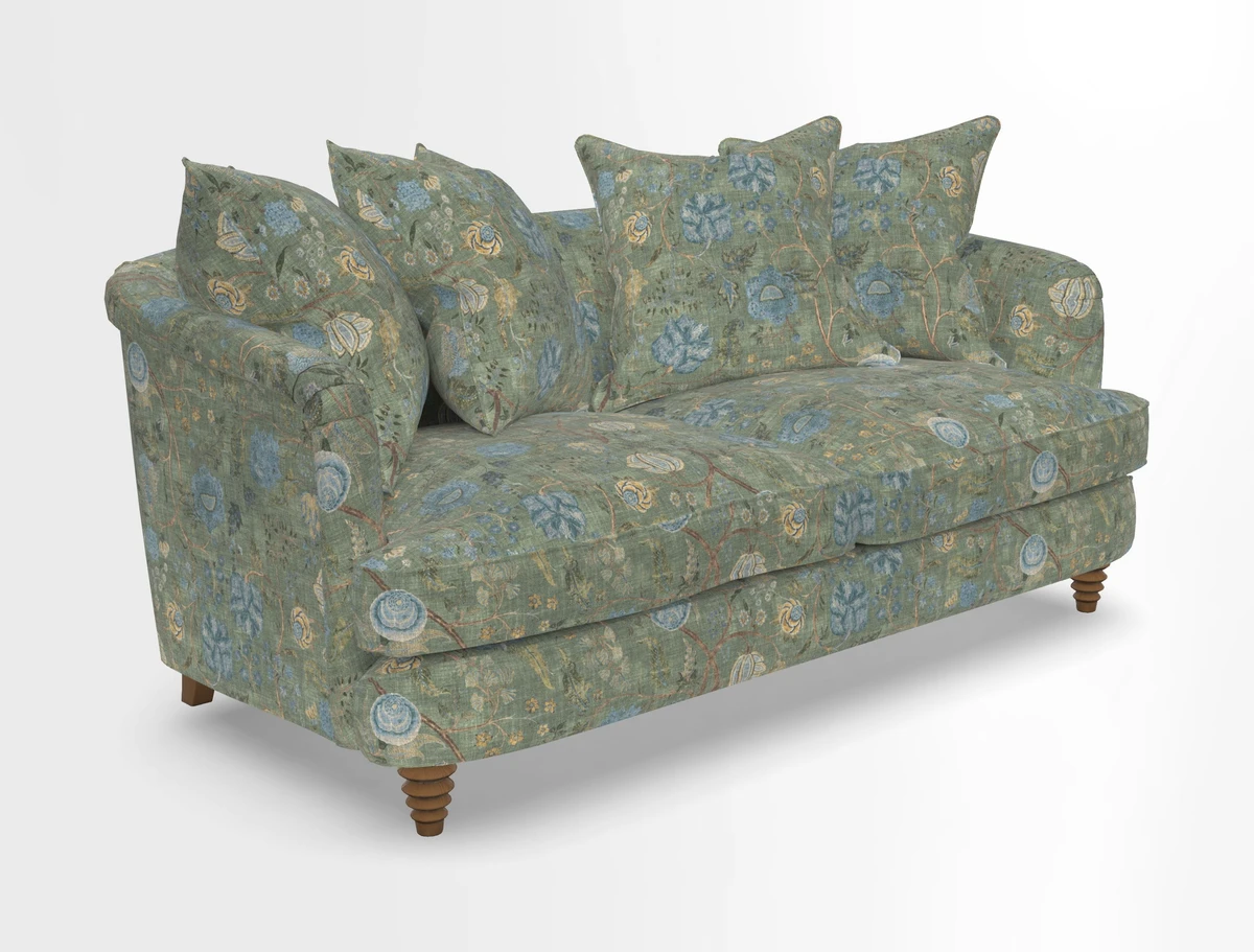Helmsley Sofa in Mohair Velvet Fir Green with Seat and Back Cushions in RHS Collection Trailing Vine Olive and Small Trailing Ivy Olive