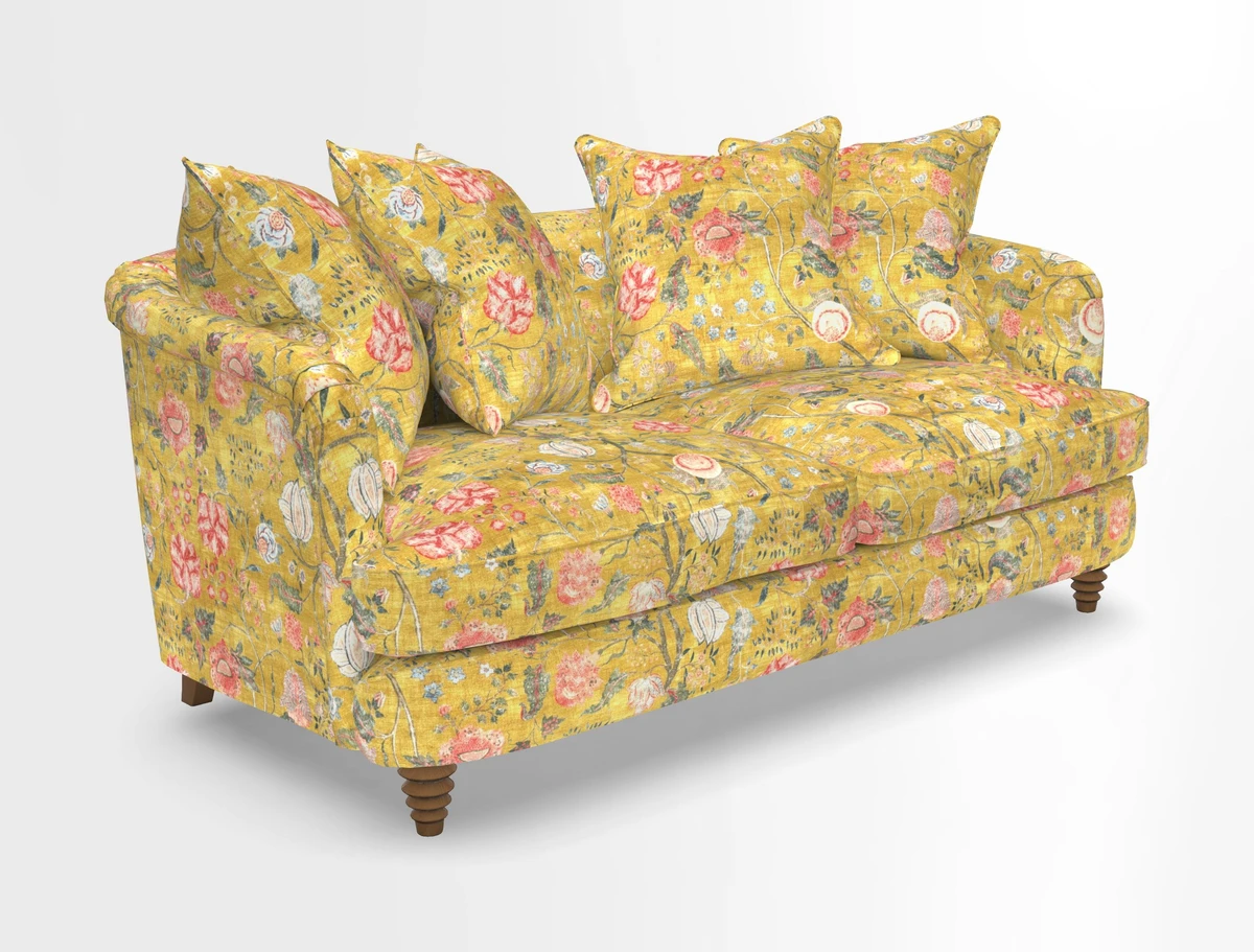 Helmsley Sofa in Mohair Velvet Fir Green with Seat and Back Cushions in RHS Collection Trailing Vine Olive and Small Trailing Ivy Olive