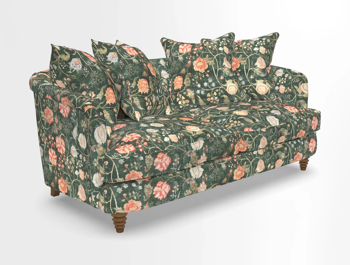 Helmsley Sofa in Mohair Velvet Fir Green with Seat and Back Cushions in RHS Collection Trailing Vine Olive and Small Trailing Ivy Olive