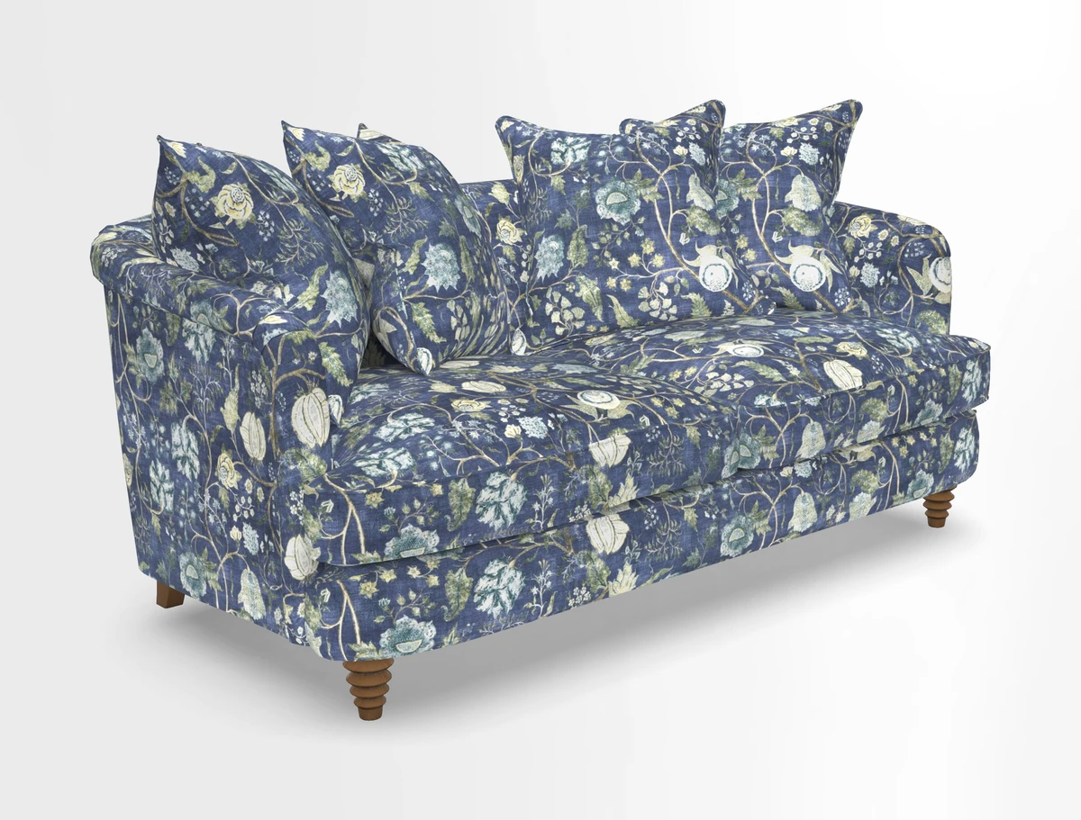 Helmsley Sofa in Mohair Velvet Fir Green with Seat and Back Cushions in RHS Collection Trailing Vine Olive and Small Trailing Ivy Olive