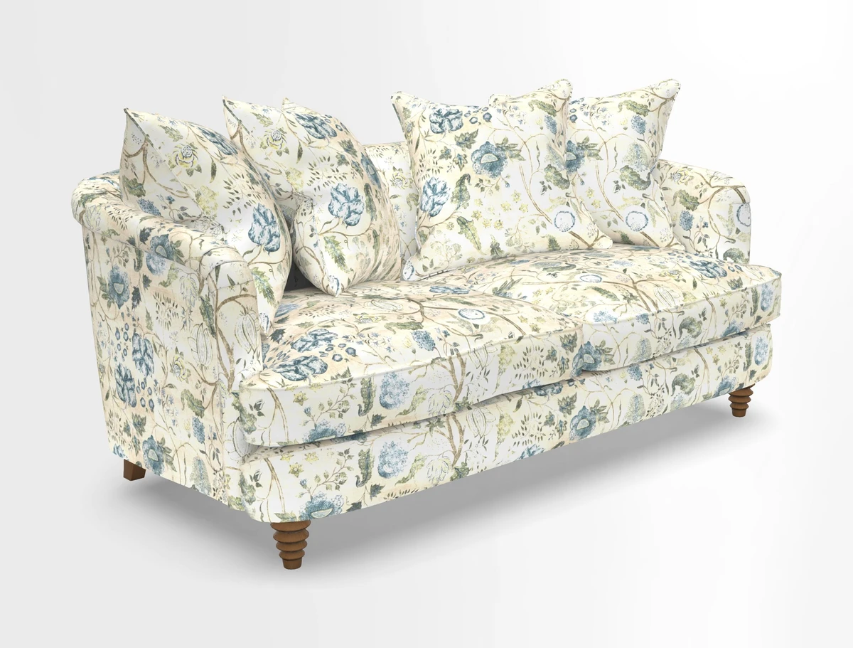 Helmsley Sofa in Mohair Velvet Fir Green with Seat and Back Cushions in RHS Collection Trailing Vine Olive and Small Trailing Ivy Olive