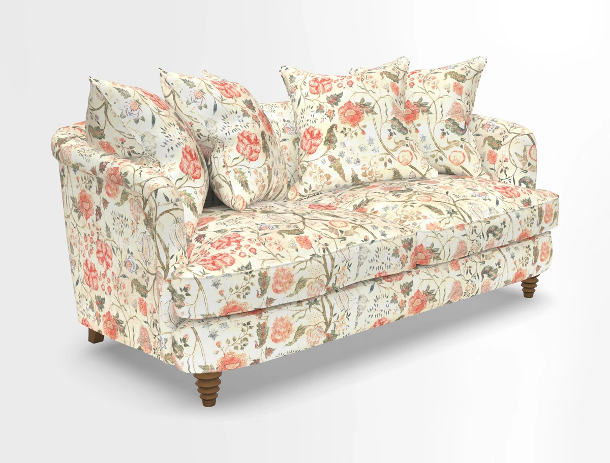 Helmsley Sofa in Mohair Velvet Fir Green with Seat and Back Cushions in RHS Collection Trailing Vine Olive and Small Trailing Ivy Olive