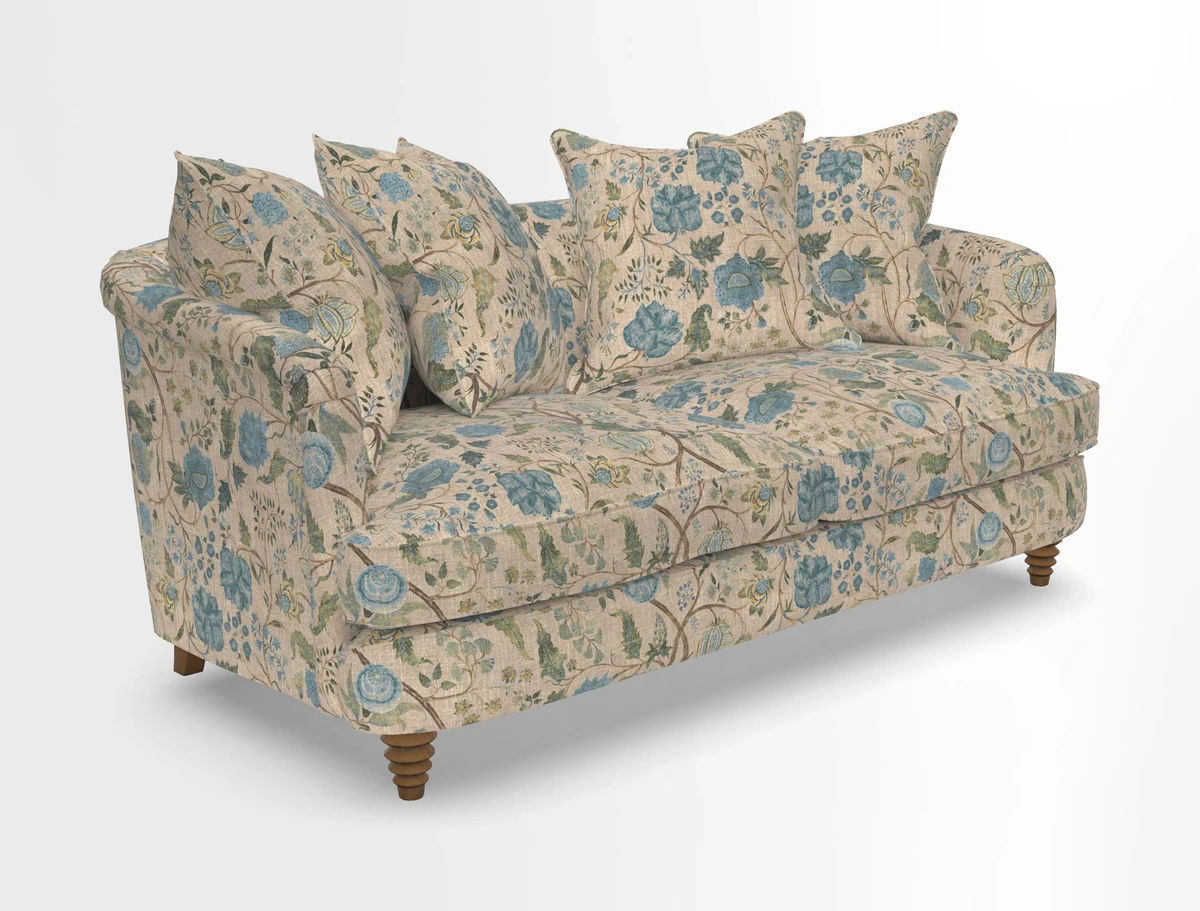 Helmsley Sofa in Mohair Velvet Fir Green with Seat and Back Cushions in RHS Collection Trailing Vine Olive and Small Trailing Ivy Olive