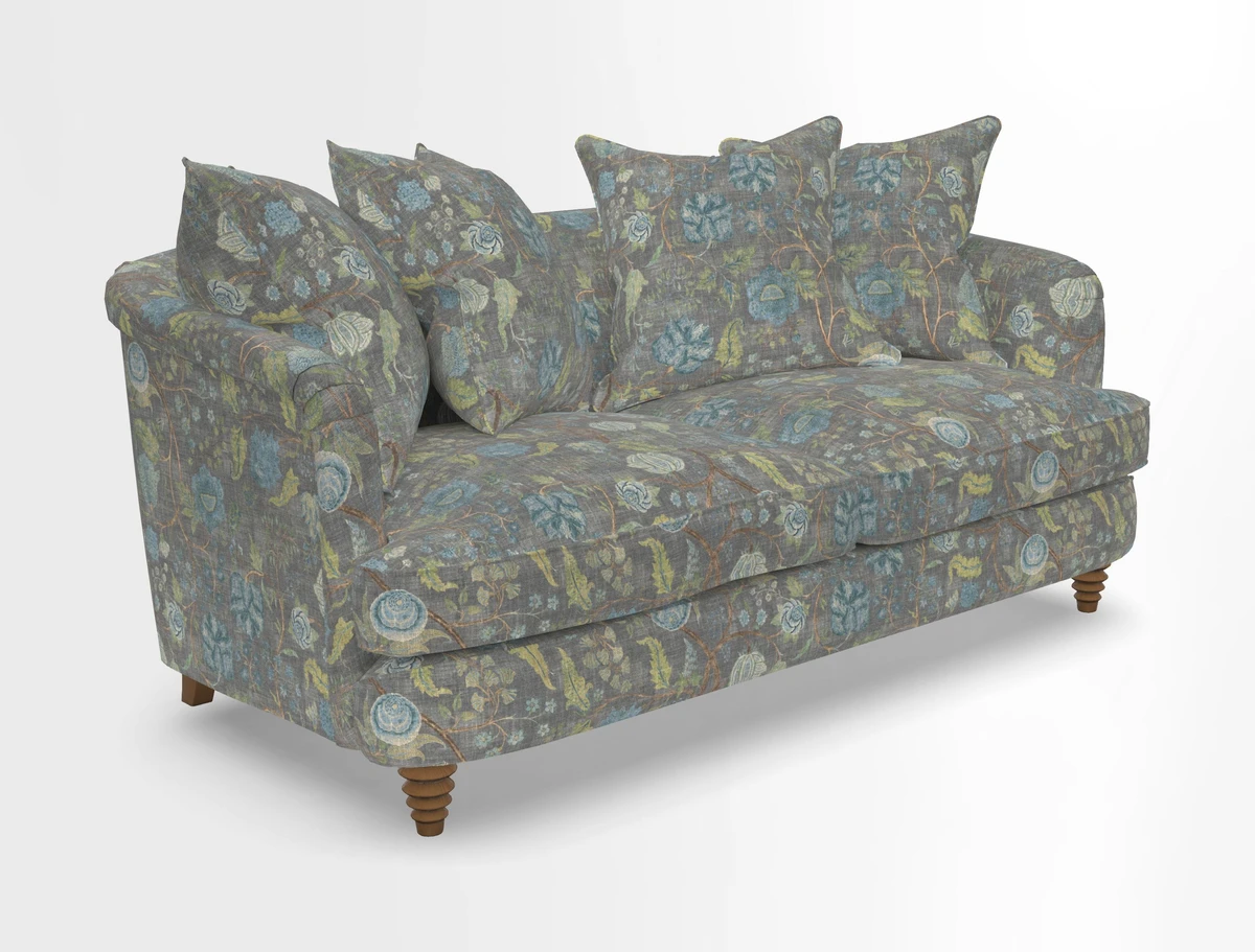 Helmsley Sofa in Mohair Velvet Fir Green with Seat and Back Cushions in RHS Collection Trailing Vine Olive and Small Trailing Ivy Olive