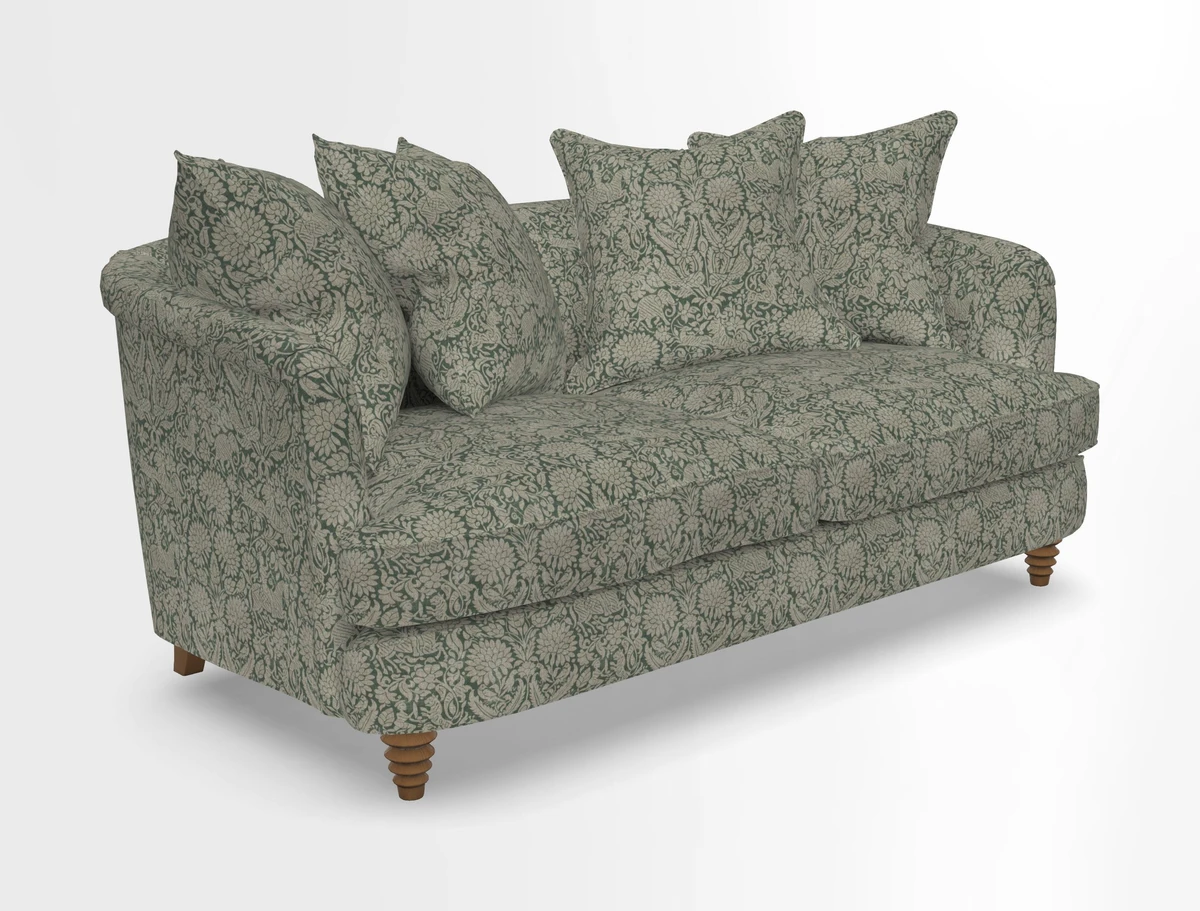 Helmsley Sofa in Mohair Velvet Fir Green with Seat and Back Cushions in RHS Collection Trailing Vine Olive and Small Trailing Ivy Olive