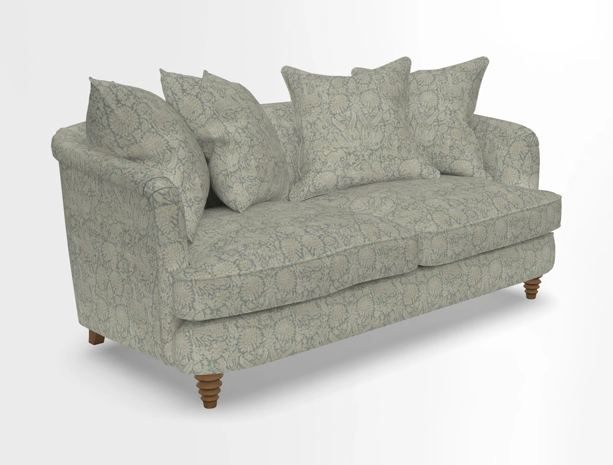 Helmsley Sofa in Mohair Velvet Fir Green with Seat and Back Cushions in RHS Collection Trailing Vine Olive and Small Trailing Ivy Olive