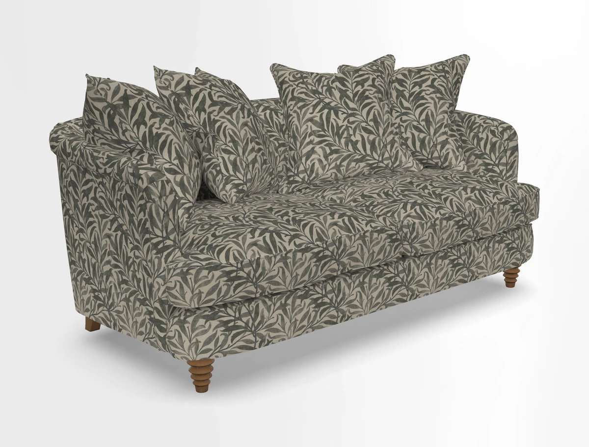 Helmsley Sofa in Mohair Velvet Fir Green with Seat and Back Cushions in RHS Collection Trailing Vine Olive and Small Trailing Ivy Olive