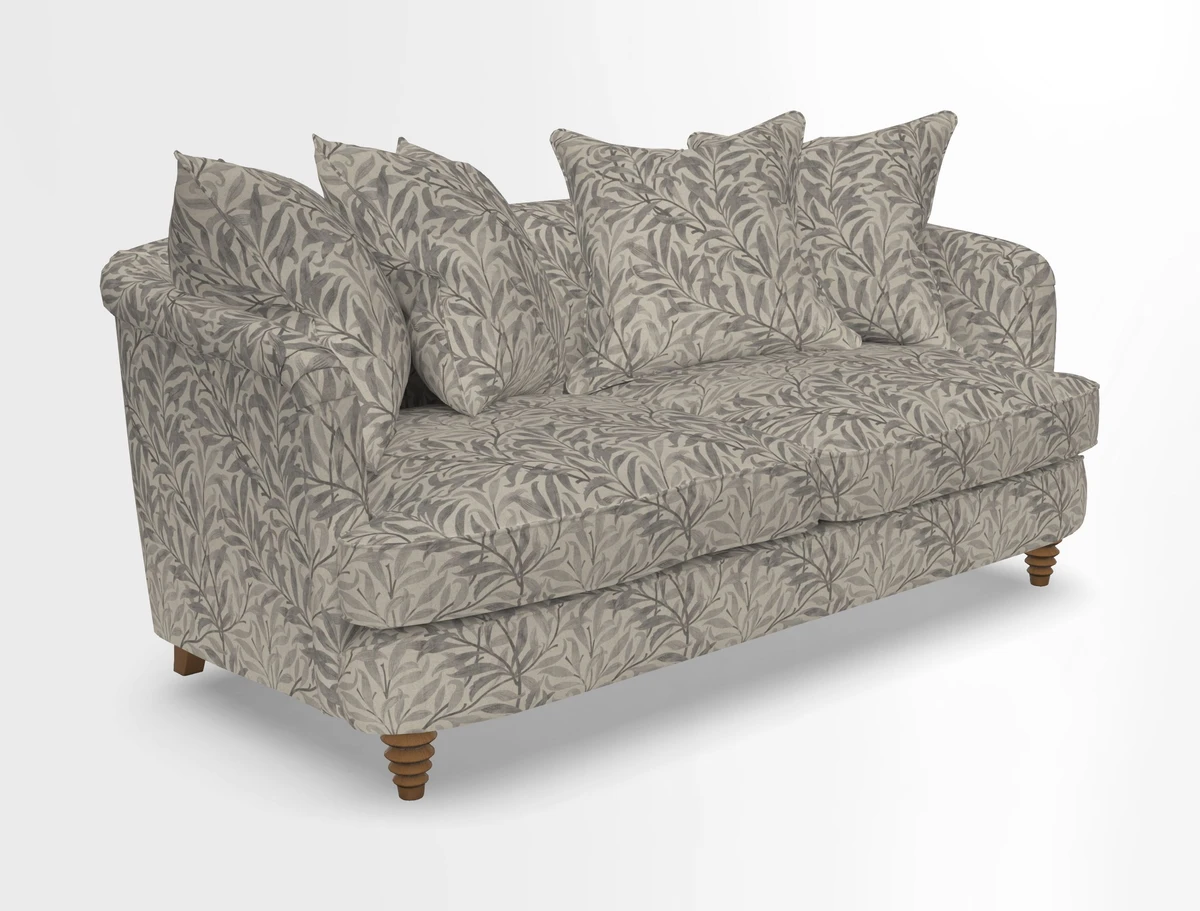 Helmsley Sofa in Mohair Velvet Fir Green with Seat and Back Cushions in RHS Collection Trailing Vine Olive and Small Trailing Ivy Olive