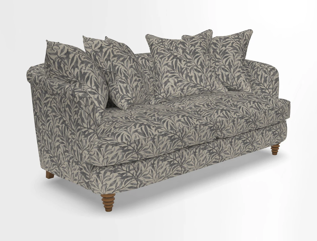Helmsley Sofa in Mohair Velvet Fir Green with Seat and Back Cushions in RHS Collection Trailing Vine Olive and Small Trailing Ivy Olive