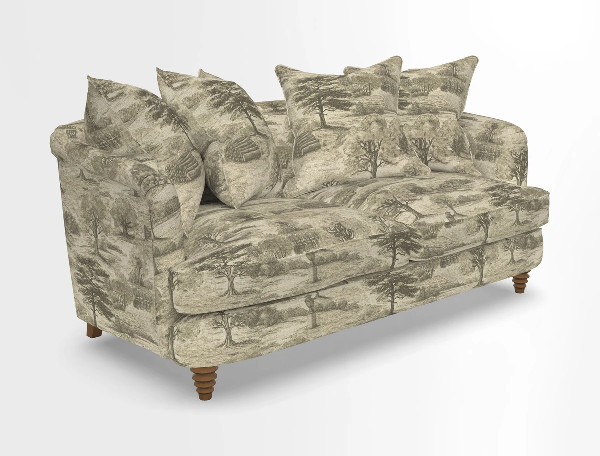 Helmsley Sofa in Mohair Velvet Fir Green with Seat and Back Cushions in RHS Collection Trailing Vine Olive and Small Trailing Ivy Olive