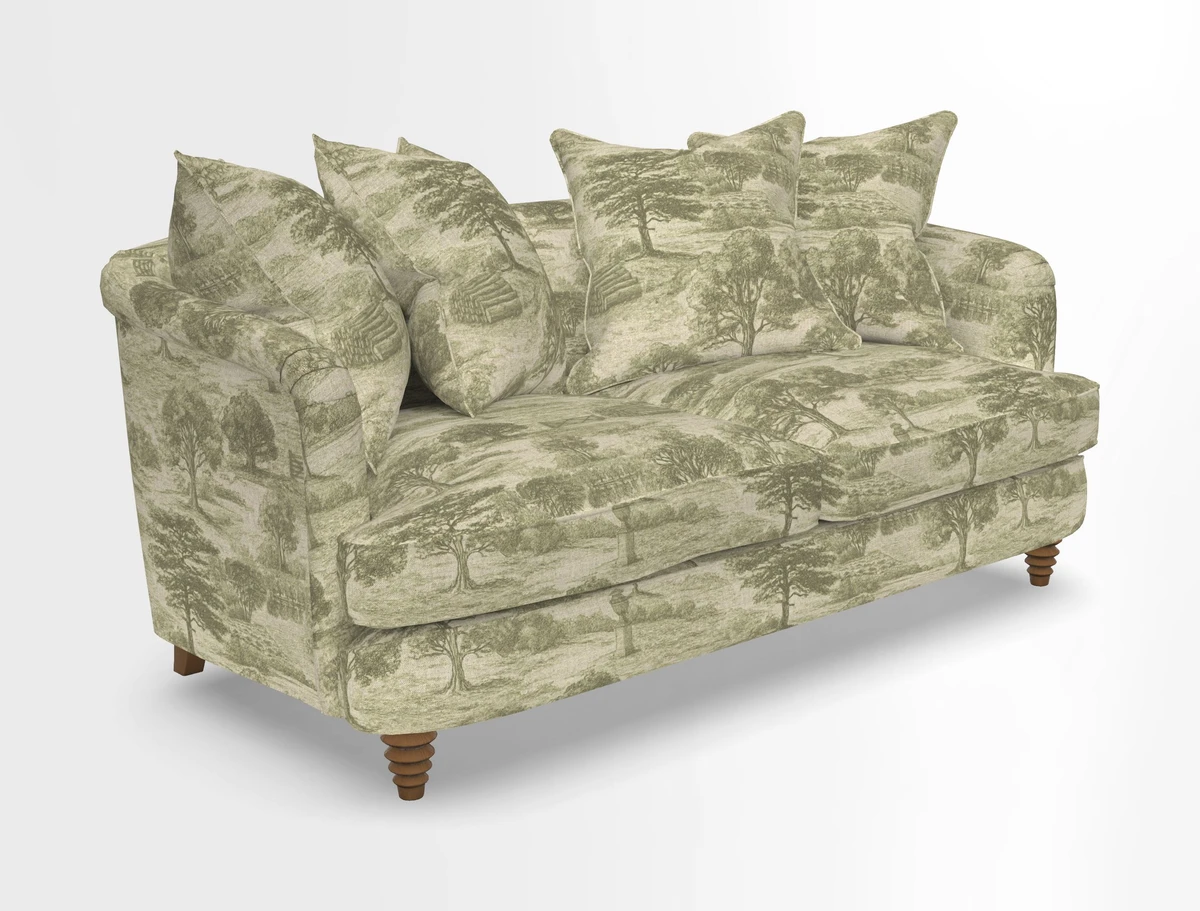 Helmsley Sofa in Mohair Velvet Fir Green with Seat and Back Cushions in RHS Collection Trailing Vine Olive and Small Trailing Ivy Olive